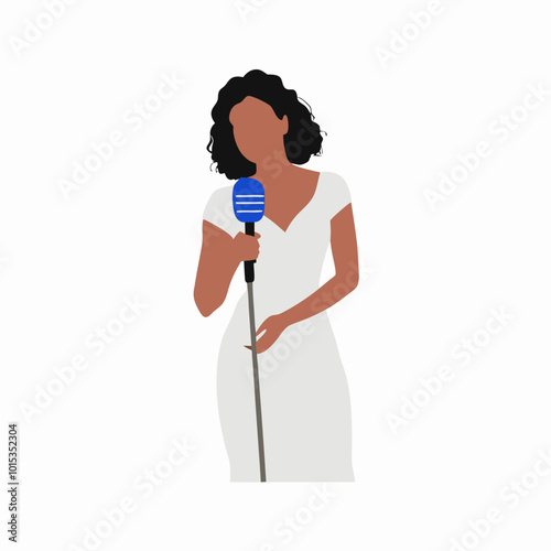 Minimalist illustration of a woman singing into a microphone, elegant design, white dress