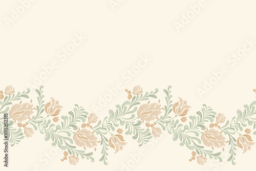 Ethnic Floral Pattern Lotus border flowers paisley embroidery on white background Ikat flower motif vintage oriental Japanese seamless pattern traditional aztec style abstract vector illustration.