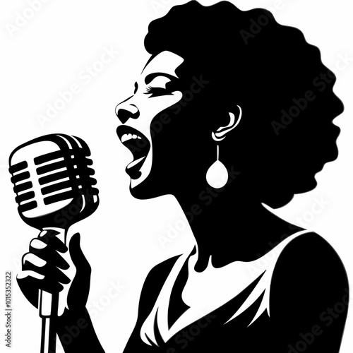 Woman singing passionately into a vintage microphone with a focus on her vocal expression

