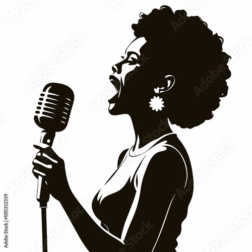  Woman singing powerfully into a vintage microphone with determination on a minimalist background