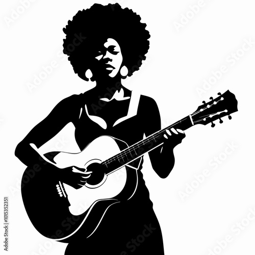 Black woman playing acoustic guitar in silhouette. Stylized graphic portrays musical performance with distinctive hairstyle visible in profile. Concept: music education, cultural expression