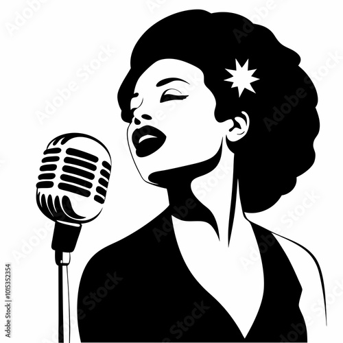  Woman singing soulfully into a vintage microphone with a confident expression on a light background
