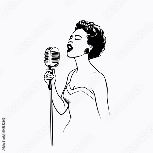 Stylish woman singing passionately into a vintage microphone with an elegant pose on a white background