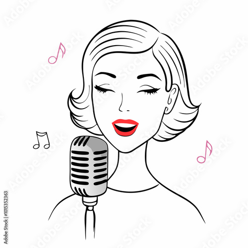 Stylish woman singing joyfully into a vintage microphone with musical notes on a white background