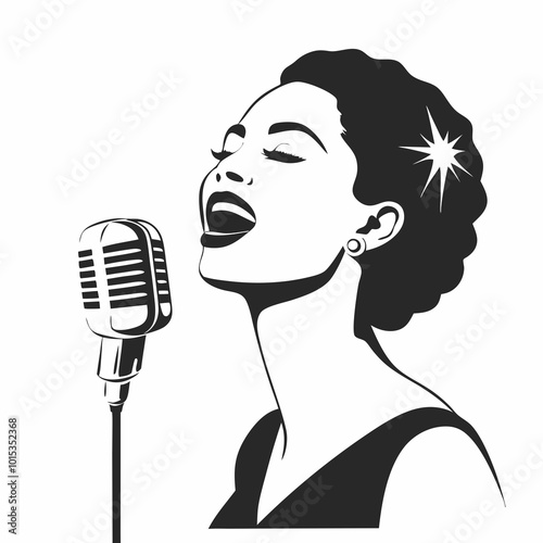 Woman singing passionately into a vintage microphone with a bright expression on a simple background