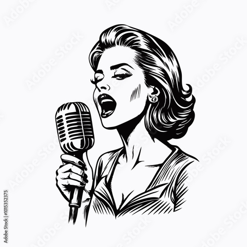 Stylish woman singing passionately into a vintage microphone with an expressive look on a simple background
