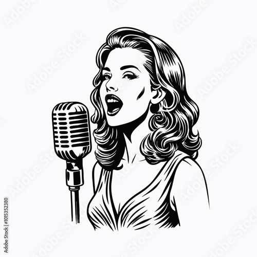 Stylish woman singing passionately into a vintage microphone with a vibrant expression on a simple background