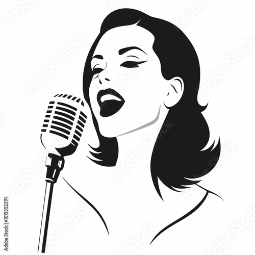 Confident woman singing passionately into a vintage microphone with a striking expression on a minimalist background
