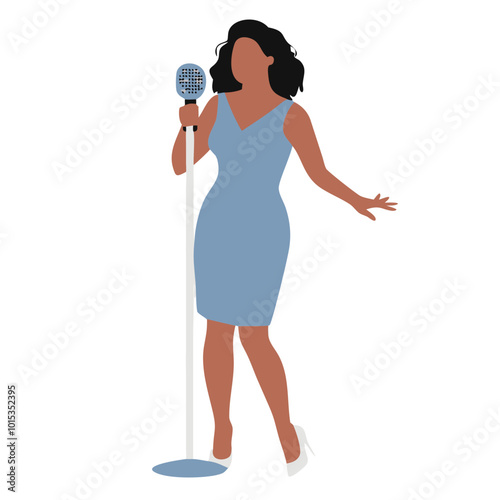 Minimalist illustration of a woman singing into a microphone, elegant design, blue dress
