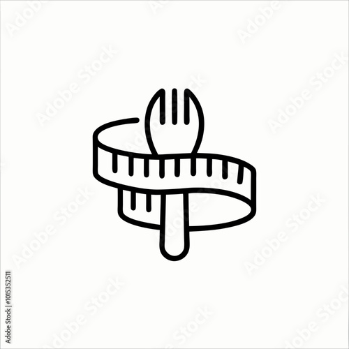 Fork and spoon wrapped in measuring tape shown in simple line drawing. Minimalist design symbolizes calorie counting and portion management. Concept: dietary planning, weight management