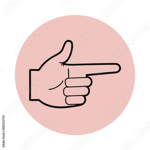 Graphic hand pointing to the right, set against a soft pink circular background
