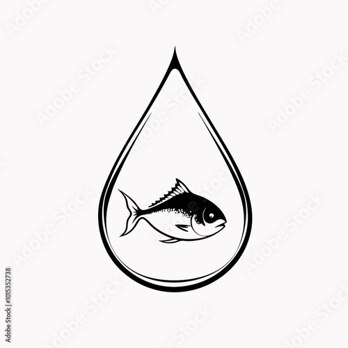 Outline illustration of fish inside a water droplet, symbolizing Omega-3, health concept, copy space