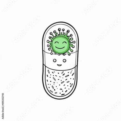 Outline illustration of smiling probiotic capsule with happy germ, cheerful design, health concept, copy space