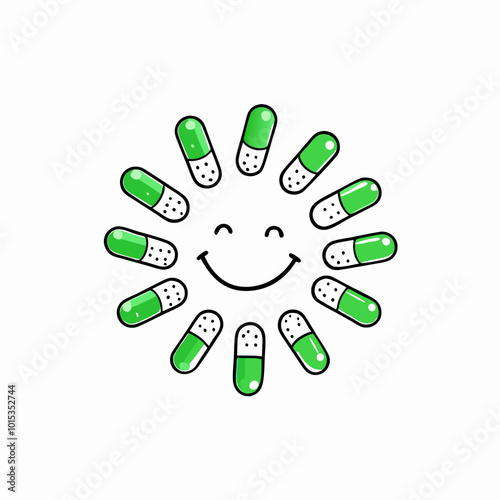 Outline illustration of smiling sun made of probiotics capsules, cheerful design, health concept, copy space
