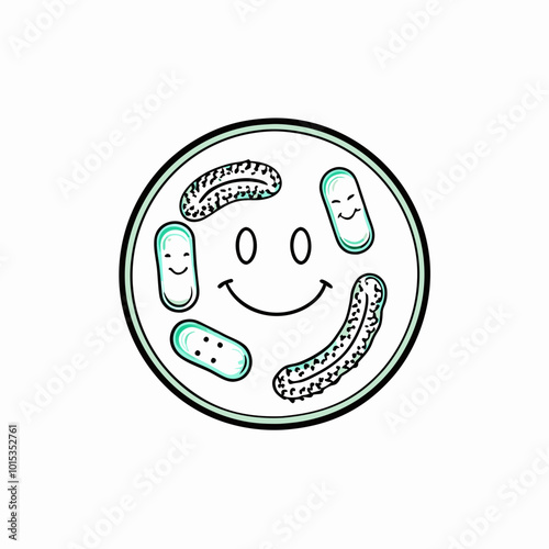 Outline illustration of smiling bacteria and probiotics, cheerful design, health concept, copy space
