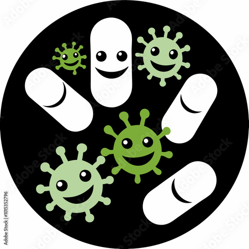 Colorful illustration of smiling probiotics and bacteria on a black background, health concept, copy space