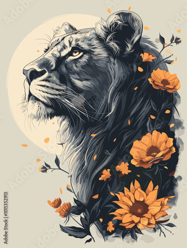 Fox head with flowers and moon on black background. Vector illustration.