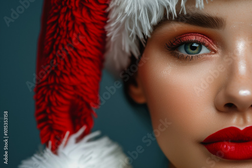 Close up on beautiful woman with Santa hat and blue eyes. Copy space. Christmas advertisement. High quality photo photo