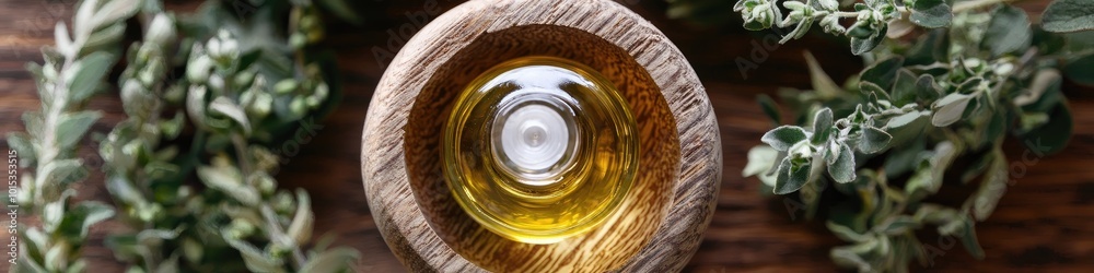 essential oil wormwood mortar top view. Selective focus essential oil wormwood mortar top view. Selective focus