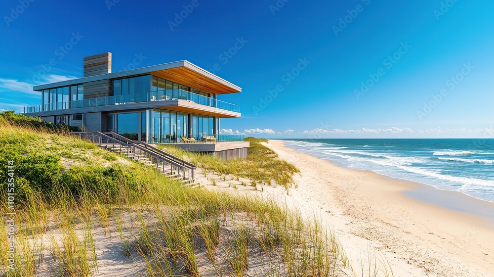 Obraz premium Modern beach house overlooking sandy shore.