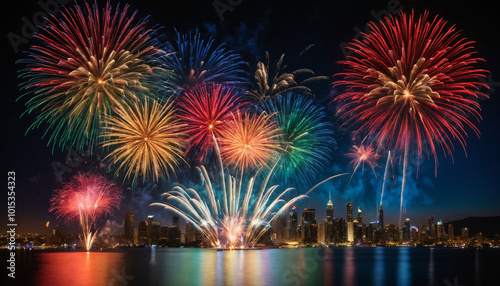 Fireworks Display in Dark Night Sky City.