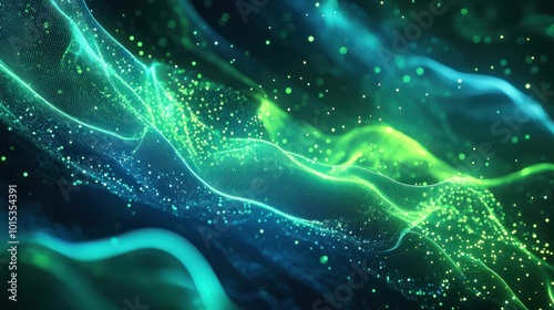 Digital cyberspace futuristic, Green and Blue color particles wave flowing with lines and dots connection, Technology network abstract background. 3d rendering.