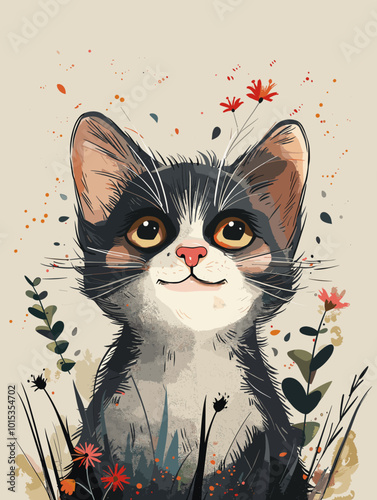 Cute kitten with flowers on grunge background. Vector illustration.