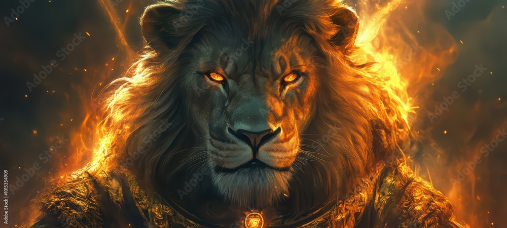 A powerful lion with glowing amber eyes, sitting regally on an ancient throne. Around its neck, a golden amulet with a radiant gem emits beams of light that pulse with energy