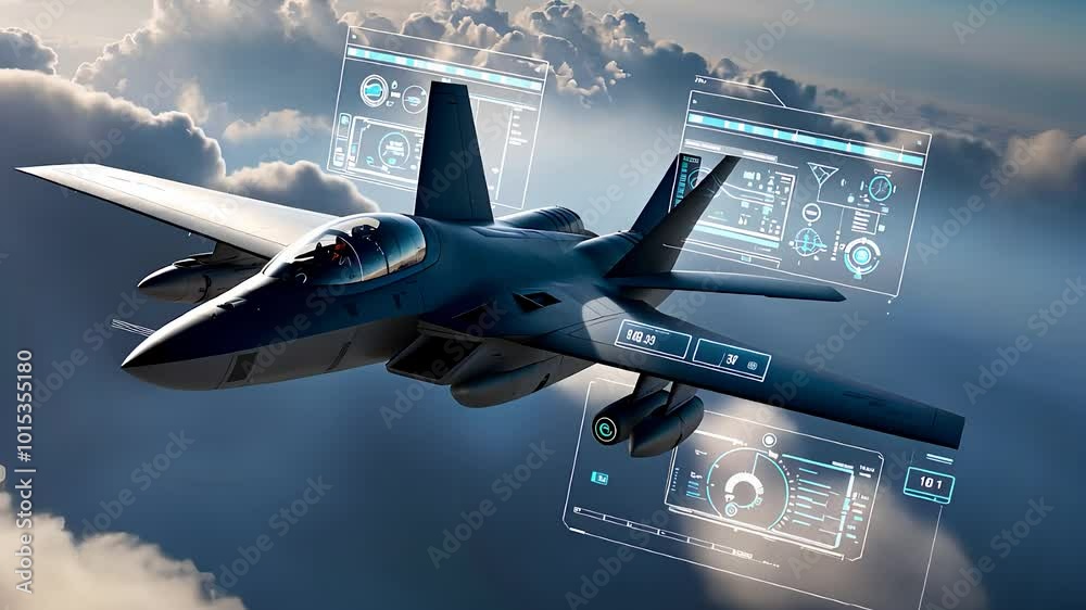 Futuristic Fighter Jet Flying Above Clouds with HUD Interface

