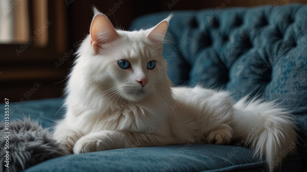 Obraz premium A white cat with blue eyes lies on a teal couch with its paws outstretched.