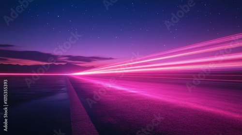 Vibrant neon lights create dynamic patterns in the air, reflecting beautifully on a rain-soaked road. A starry night sky enhances the serene and energetic atmosphere of the landscape