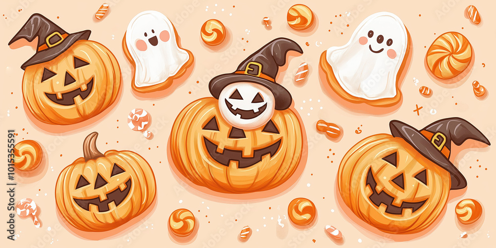 Colorful Halloween pumpkins wearing witch hats surrounded by playful ghosts and candies on an orange background, spooky celebration concept Colorful Halloween pumpkins wearing witch hats surrounded by playful ghosts and candies on an orange background, spooky celebration concept