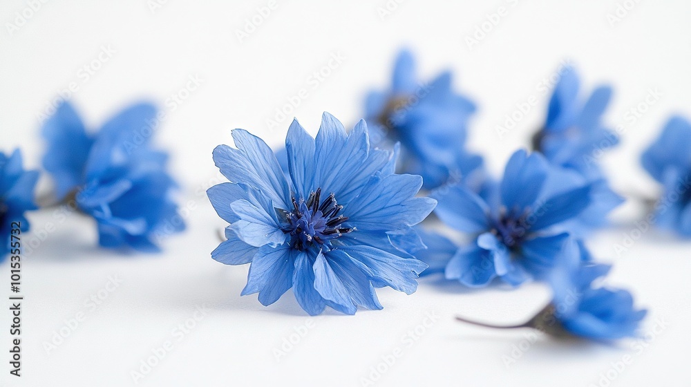 A cluster of azure blossoms resting atop a pristine granite surface adjacent to one another atop a wooden table A cluster of azure blossoms resting atop a pristine granite surface adjacent to one another atop a wooden table