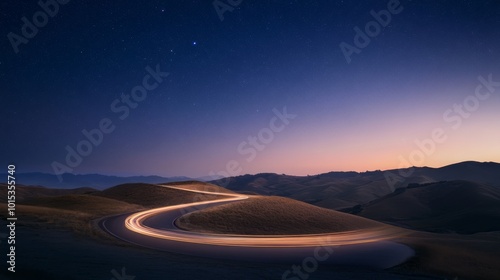 A winding rural road stretches through the countryside, illuminated by the headlights of a passing car under a beautifully starry night sky, creating a serene atmosphere