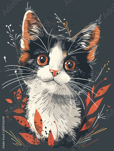 Portrait of a cat with flowers. Hand drawn vector illustration.