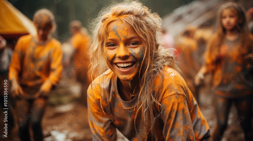 happy blond haired girls covered in paint smiling against blurred background of forest during camp activity