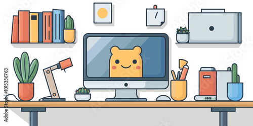 A computer desk with a monitor and a smiling bear on it. The bear is smiling and the desk is cluttered with books, a laptop, and a mouse