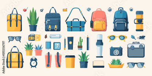 A collection of bags and accessories, including a backpack, a purse, a suitcase, and a camera