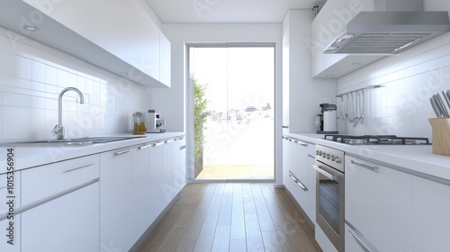 Modern white kitchen interior with appliances, hardwood floors, sink, stove, oven, and hood. Minimalist cooking space in a modern apartment.