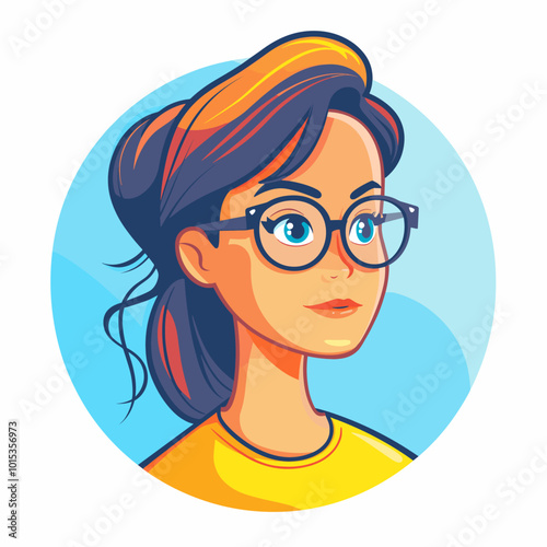 A woman with glasses and a yellow shirt. She has a smile on her face. The image is of a cartoon character