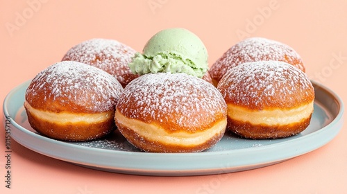  A blue-topped plate holds donuts sprinkled with powdered sugar, while an ice cream sits atop