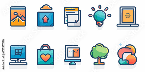 A collection of icons for various computer and mobile devices. The icons include a laptop, a tablet, a computer monitor, a keyboard, a mouse, a cell phone, a shopping bag, a tree, a cloud, a heart