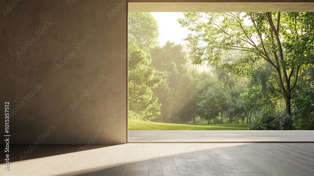 Modern, woodsy terrace overlooks nature outside through open doorway in a blank concrete wall. Modern, woodsy terrace overlooks nature outside through open doorway in a blank concrete wall.