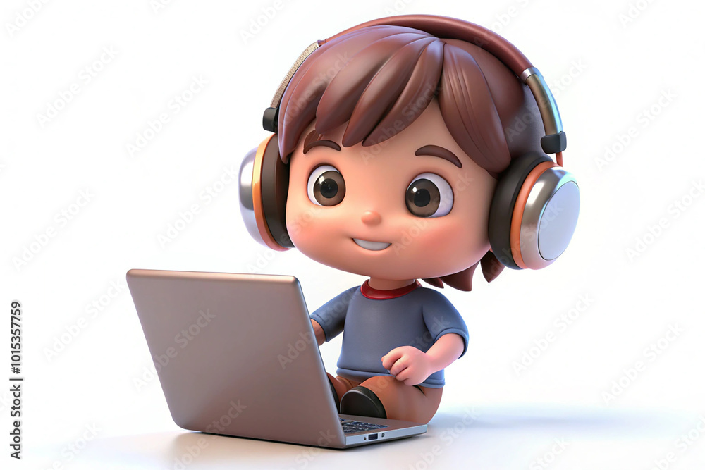 child with laptop and headphones 3d Chibi child with laptop and headphones 3d Chibi