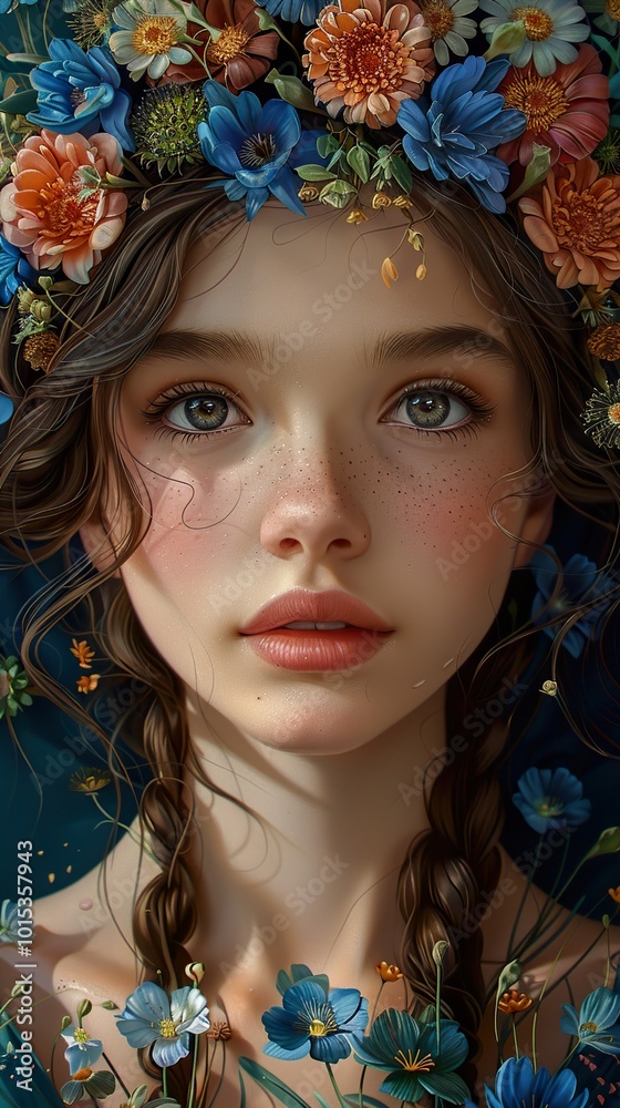 Floral Portrait of a Woman with Braids Floral Portrait of a Woman with Braids