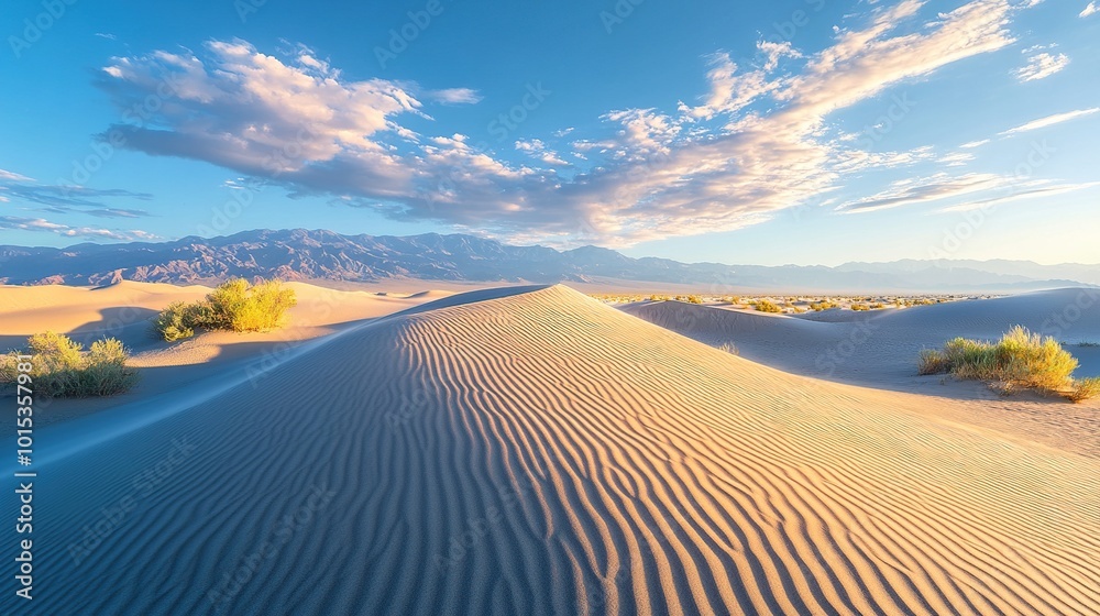 Fototapeta premium Serene desert landscape at sunset with dunes.