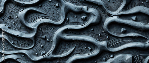 Macro abstract surface texture of gritty grey concrete with a flowing grooved curve chaotic pattern - background design banner. 