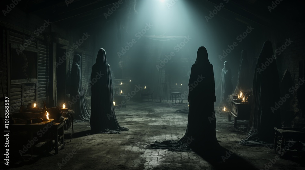 Haunting figures in an old dark room. Haunting figures in an old dark room.