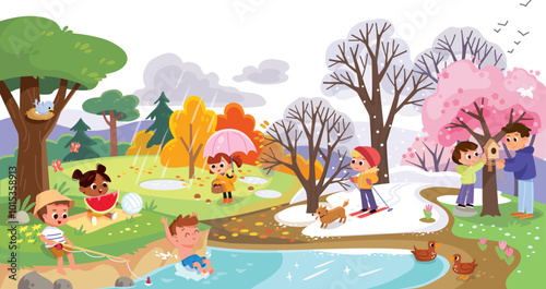 illustrating four seasons concept. Change of seasons. Four times of year in one picture  Spring, summer, fall and winter simultaneously in same image, various seasons vector illustration. 