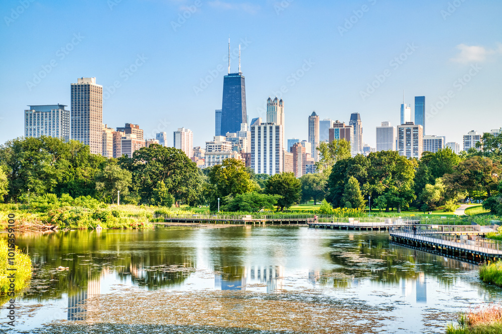 Chicago Skyline during a Sunny Day over the Pond in Lincoln Park Chicago Skyline during a Sunny Day over the Pond in Lincoln Park